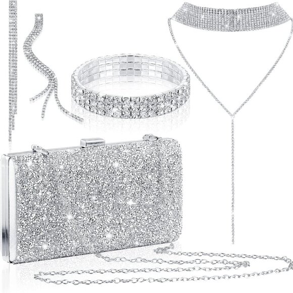 4 Pcs Women Rhinestone Evening Clutch Bag Crystal Jewelry Set Rhinestone Tassel